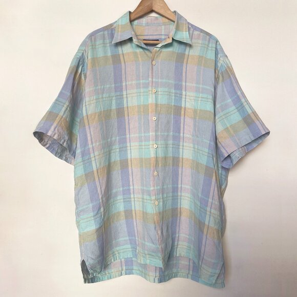 McKenzie Tribe 100% Linen Pastel Plaid Short Sleeve Button Down Shirt Sz L Large - Picture 1 of 6